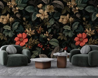 Dark Floral Wallpaper, Vintage Large Flower Wall Mural, Peel and Stick Living Room Decor