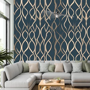 Carta da parati di lusso con motivo a onde dorate / moderna carta da parati blu / elegante carta da parati staccabile e adesiva per soggiorno e arredamento della casa