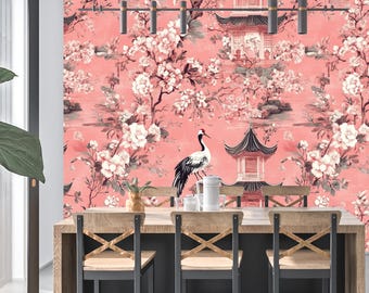 Mural de papel pintado estilo chinoiserie rosa: grúa y pagoda, arte floral vintage, papel pintado impermeable