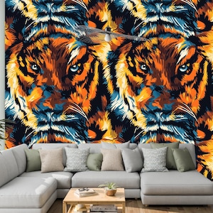 Carta da parati murale tigre – Carta da parati astratta audace con animali selvatici per soggiorno, arredamento moderno della giungla, grande arte murale personalizzata