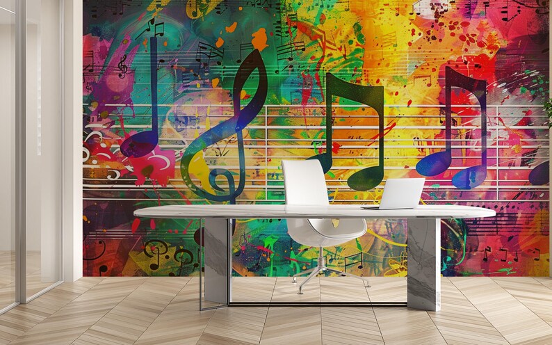 Musical Note Mural Music Notes Wallpaper, Colorful Abstract Wall Mural, Peel and Stick ...