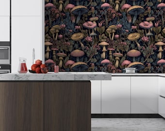 Dunkles botanisches Schälen und aufkleben Pilz-Tapete Schlafzimmer entfernbares Wandbild