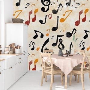 Carta da parati murale con note musicali colorate – Carta da parati musicale in stile retrò per soggiorno, studio musicale o spazi creativi