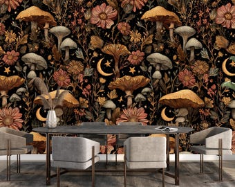 Mushroom Forest Canvas Wallpaper, Vintage Botanical Wall Mural, Dark Nature Decor