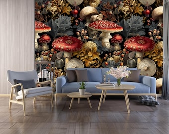 Mushroom Wallpaper – Dark Botanical Forest Peel and Stick Wallpaper