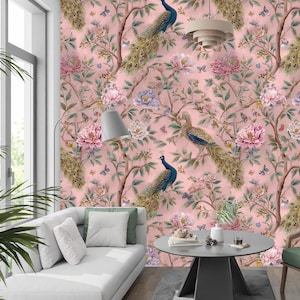 Pink Chinoiserie Peacock Wallpaper: Asian Floral Wall Mural