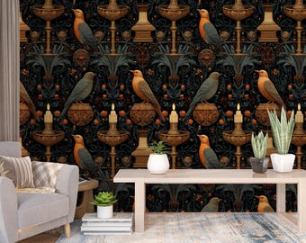 Mural de papel pintado gótico, velas y pájaros, decoración mística oscura despegable y adhesiva.