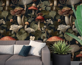 Papel pintado de setas del bosque botánico / Decoración despegable y adhesiva