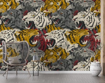 Tiger Jungle Wallpaper Mural | Exotic Safari Accent Wall Art | Peel and Stick Decor