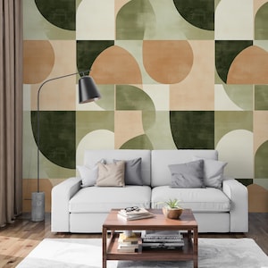 Moderne Geometrische Tapete - Retro Abstrakte Wandkunst - Boho Mid-Century Design in Grün, Beige und Terrakotta