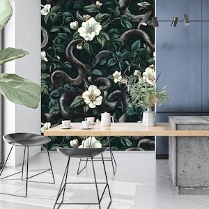 Dark Botanical Wallpaper with Serpentine Design - Moody Floral Decor Peel and Stick