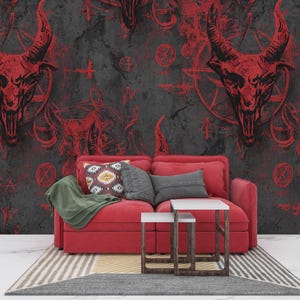 Gothic Goat Skull Peel and Stick Wallpaper, Red Baphomet Occult Dark Wall Mural Decor