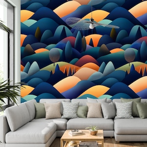 Abstract Landscape Wall Mural: Geometric Mountains & Trees Wallpaper