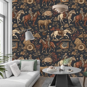 Vintage Western Cowboy Wall Mural: Rustic Rodeo Horses & USA Flag Wallpaper