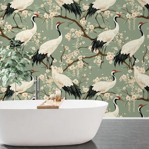 Japanese Crane Wallpaper: Vintage Blossom Bird Wall Mural