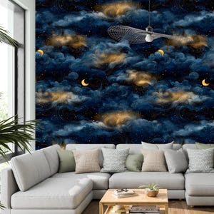 Carta da parati con cielo stellato notturno - Luna crescente e nuvole vorticose per camera da letto, soggiorno, cameretta dei bambini, arredamento celeste boho