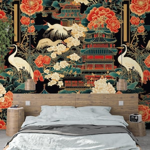 Gru orientale di lusso - Carta da parati floreale scura Pagoda - Murale cineseria giapponese con peonie, gru e accenti dorati