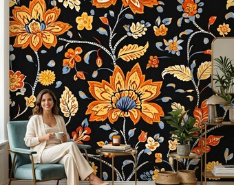 Dark Floral Wallpaper | Vintage Botanical Peel and Stick Wall Mural (Removable)