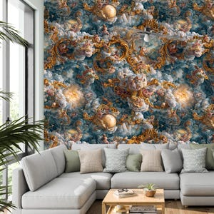 May include: A detailed wall mural featuring a celestial design with swirling clouds in shades of blue, gold, and cream. The artwork includes ornate, gilded architectural elements and spherical forms, creating a dramatic and artistic backdrop. The mural is installed behind a modern gray sectional sofa.