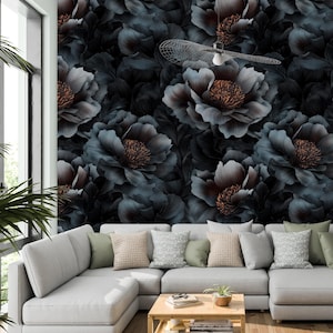 Papel de parede floral escuro, mural de parede grande de peônia, arte de parede de flores temperamentais, decoração de parede botânica preta, descascar e colar ou tradicional