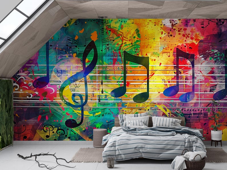 Musical Note Mural Music Notes Wallpaper, Colorful Abstract Wall Mural, Peel and Stick ...