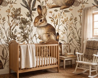 Mural de papel pintado de conejito vintage / Arte mural botánico de conejos / Decoración autoadhesiva para habitación infantil