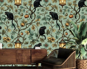 Vintage Jungle Monkey Wallpaper Mural: Botanical Green Wall Decor, Canvas, Peel and Stick
