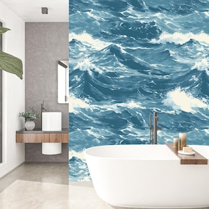 Meereswellen Wandbild Tapete - Realistische blaue Meereswandkunst für Wohnzimmer, Küstendekor, abnehmbare Vinylwandverkleidung