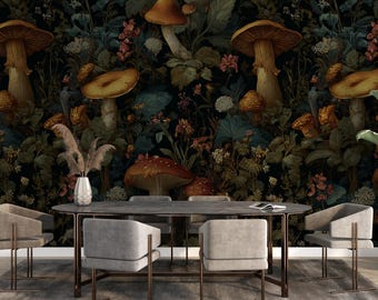 Dark Forest Mushroom Wallpaper – Vintage Botanical Fungi & Wildflower Wall Mural Décor