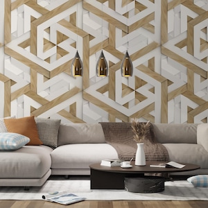 Carta da parati geometrica con design in legno e bianco - Moderna arte murale con illusione ottica per soggiorno o ufficio