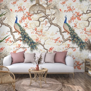 Vintage Peacock and Floral Wallpaper - Elegant and Nature-Inspired Design - Perfect for Living Room Bathroom, Kitchen or Laundry Room Decor