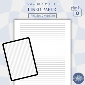 Puede incluir: Imagen digital de papel rayado y una tableta con una pantalla de papel rayado. El texto "EASY & READY TO USE LINED PAPER" está en la parte superior, con "Includes 2 versions" debajo. Un icono PDF está en la esquina superior derecha.