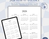 2026 Year At A Glance Calendar: Minimal Planner Insert (A4/A5/US Letter sizes; PDF Download)