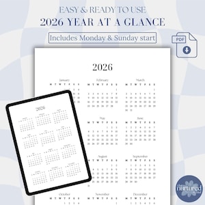 May include: A black and white 2026 year-at-a-glance calendar. The calendar includes a PDF download icon and the text "Easy & Ready to Use". The calendar displays the months of the year with the days of the week.