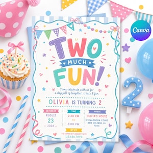 May include: A birthday invitation card with the text TWO MUCH FUN, OLIVIA IS TURNING 2, featuring colourful bunting, stars, and hearts. The card includes event details for August 23, 2026, at 2:30 PM at Olivia's House, 123 Magnolia Court, New Orleans.