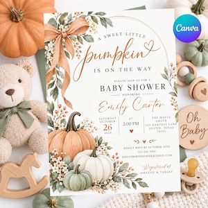 Puede incluir: Una tarjeta de invitación rectangular para baby shower con ilustraciones en acuarela de calabazas, follaje y un lazo grande. El texto dice A SWEET LITTLE pumpkin IS ON THE WAY, BABY SHOWER, Emily Carter, sábado 26 de octubre de 2026, 2:00 PM.