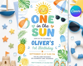 One In The Sun 1st Birthday Party Invitation, Editable Pool Party Invite, Tropical Swimming Splash Pad Party, Pool Party Canva Template, P26