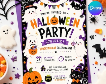 Puede incluir: Una tarjeta de invitación rectangular para una fiesta de Halloween con fantasmas, un gato negro y calabazas. El texto dice: You're invited to a Halloween party! Join us for a spooktacular celebration! Saturday October 25, 3:00 PM to 6:00 PM, 123 Pumpkin Lane, Spookyville, ST 12345, RSVP to Emma at 555-123-4567 by October 15.