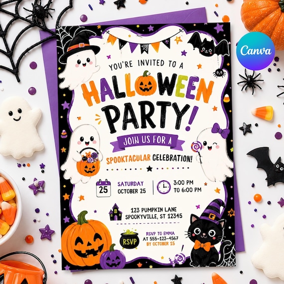 Halloween Party Invitation, Editable Spooktacular Ghost Party Invite for Kids, Canva Template, Ghost Halloween Birthday Invite, HL 20