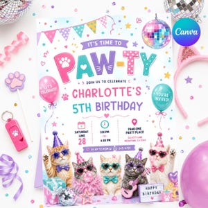 Puede incluir: Una tarjeta de invitación de cumpleaños rectangular con el texto IT'S TIME TO PAW-TY, JOIN US TO CELEBRATE, CHARLOTTE'S 5TH BIRTHDAY, SATURDAY JUNE 28, 1:00 PM TO 4:00 PM, PAWSOME PARTY PLACE, 123 KITTY LANE, MEOWTOWN, CA 12345, RSVP TO MOM AT 012-345-6789.