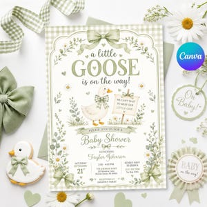 May include: A rectangular baby shower invitation card featuring a white goose with a green gingham bow, surrounded by green gingham ribbons, daisies, and foliage. The text reads: a little GOOSE is on the way! PLEASE JOIN US FOR A Baby Shower.
