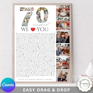 Collage de fotos con 70 razones por las que te amamos, regalo de aniversario, plantilla de póster de cumpleaños, regalo para mamá, regalo imprimible de 70 cumpleaños para él.