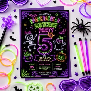 neon spooky birthday party invite, editable Halloween invitation for kids, printable colorful Canva template, glowing pumpkin and ghost card, cute costume party celebration, bright Halloween birthday invitation, customizable digital party invite, witch bat and monster theme, instant download birthday card, fun glow Halloween party, editable printable spooky invitation, colorful children’s party template, neon Halloween event announcement, cute scary birthday celebration