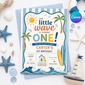 May include: A rectangular birthday invitation card featuring a beach theme with a yellow sun, palm trees, surfboards, and ocean waves. The text reads: Our little wave is turning ONE! Come surf, splash & celebrate, Carter's 1st birthday, August 21.