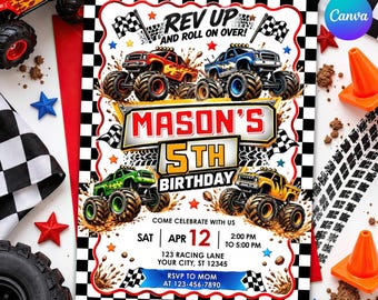 May include: A rectangular birthday invitation card featuring a black and white checkered border, four monster trucks in red, blue, green, and yellow, and the text: REV UP AND ROLL ON OVER! MASON'S 5TH BIRTHDAY. Includes event details.