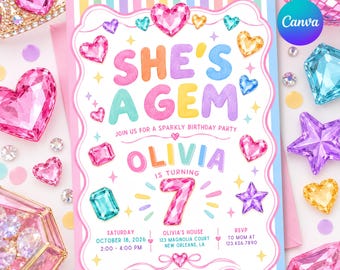 May include: A rectangular birthday party invitation card with a pastel striped border, featuring the text 'SHE'S A GEM', 'OLIVIA IS TURNING 7', and event details. The design is decorated with colourful heart and star-shaped gemstone illustrations.