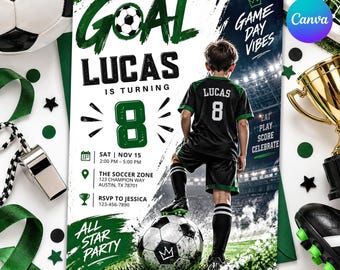 May include: A football-themed birthday invitation featuring a child in a black and green kit with the number 8, standing on a football. Text includes GOAL, LUCAS IS TURNING 8, GAME DAY VIBES, EAT PLAY SCORE CELEBRATE, ALL STAR PARTY, and event details.