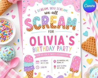 Sweet Birthday Invitation, Ice Cream Birthday Invitation Template, Candy Donut Ice Cream Sweets Party, Editable Canva Template, SW 08