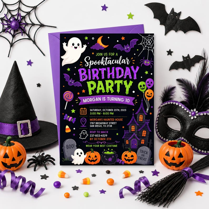 kids spooktacular ghost birthday invitation, editable Halloween party invite, cute friendly ghost Canva template, printable spooky birthday party card, ghost Halloween celebration invitation, editable kids digital invite, instant download birthday template, children costume party card, October Halloween birthday invite, personalized ghost party invitation, spooky fun kids celebration, cute Halloween birthday card, custom Canva invitation, ghost themed party invite
