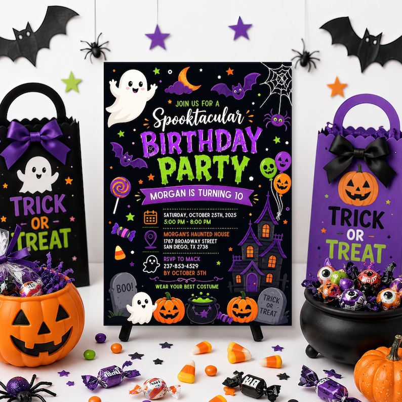 ghost Halloween birthday invite for kids, editable spooktacular party invitation, Canva Halloween birthday template, cute ghost kids party card, printable Halloween celebration invite, friendly ghost birthday invitation, editable digital party template, instant download Canva invite, spooky birthday party for children, October costume party invitation, personalized kids birthday card, fun ghost themed celebration, cute spooky Halloween invite, child birthday party template